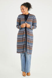 Model Noli wearing size 14 of The Striped Edge To Edge Knit Cardigan in colour Denim (Blue), from the front, showing the whole outfit