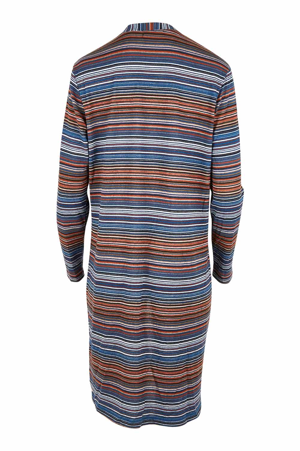Product shot of The Striped Edge To Edge Knit Cardigan in colour Denim (Blue), from the back