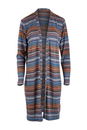 Product shot of The Striped Edge To Edge Knit Cardigan in colour Denim (Blue), from the front