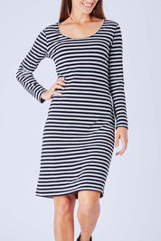 Model Anna wearing size 8 of The Everyday Midi Dress in colour BlackGrey (Grey), from the front, cropped image