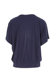 Product shot of The Recycled V Neck Wide Band Tee in colour Navy (Blue), from the back
