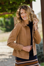 Model Emma wearing size 10 of The Cord Casual Jacket in colour Camel, from the front, showing the whole outfit