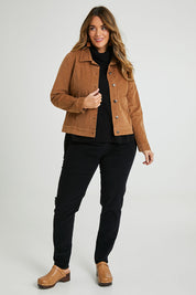 Model Laura wearing size 14 of The Cord Casual Jacket in colour Camel, from the front, showing the whole outfit