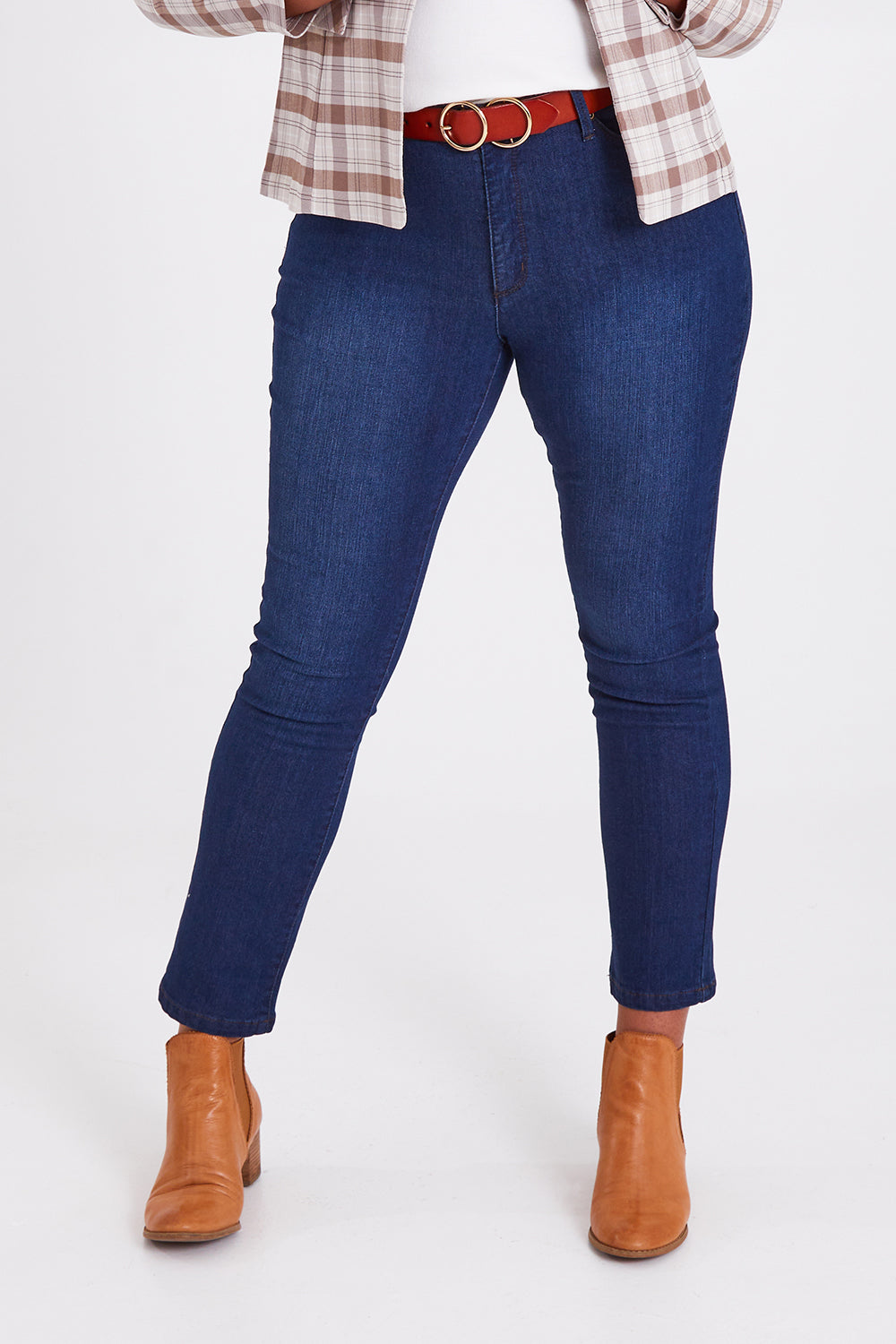 Model Anucia wearing size 14 of The Contour Jean in colour Darkdenim (Blue), from the front, cropped image