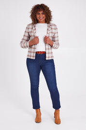Model Anucia wearing size 14 of The Contour Jean in colour Darkdenim (Blue), from the front, showing the whole outfit