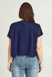 Model Jane wearing size L of The Short Sleeve Shrug in colour Clasicnavy (Blue), from the back