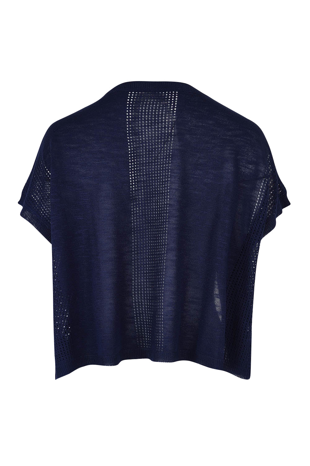 Product shot of The Short Sleeve Shrug in colour Clasicnavy (Blue), from the back