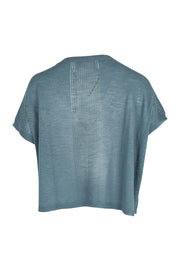Product shot of The Short Sleeve Shrug in colour Dustyblue (Blue), from the back