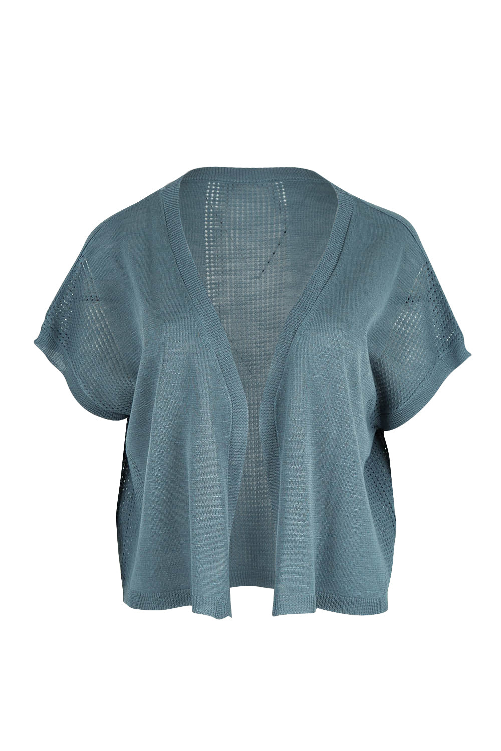 Product shot of The Short Sleeve Shrug in colour Dustyblue (Blue), from the front