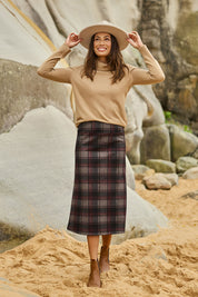 Model Amanda wearing size 10 of The Ponte Check Pull On Midi Skirt in colour Blackred (Black), from the front, showing the whole outfit