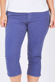 Model Jess wearing size 12 of The 3/4 Stretch Jean in colour Blue (Blue), from the front, cropped image