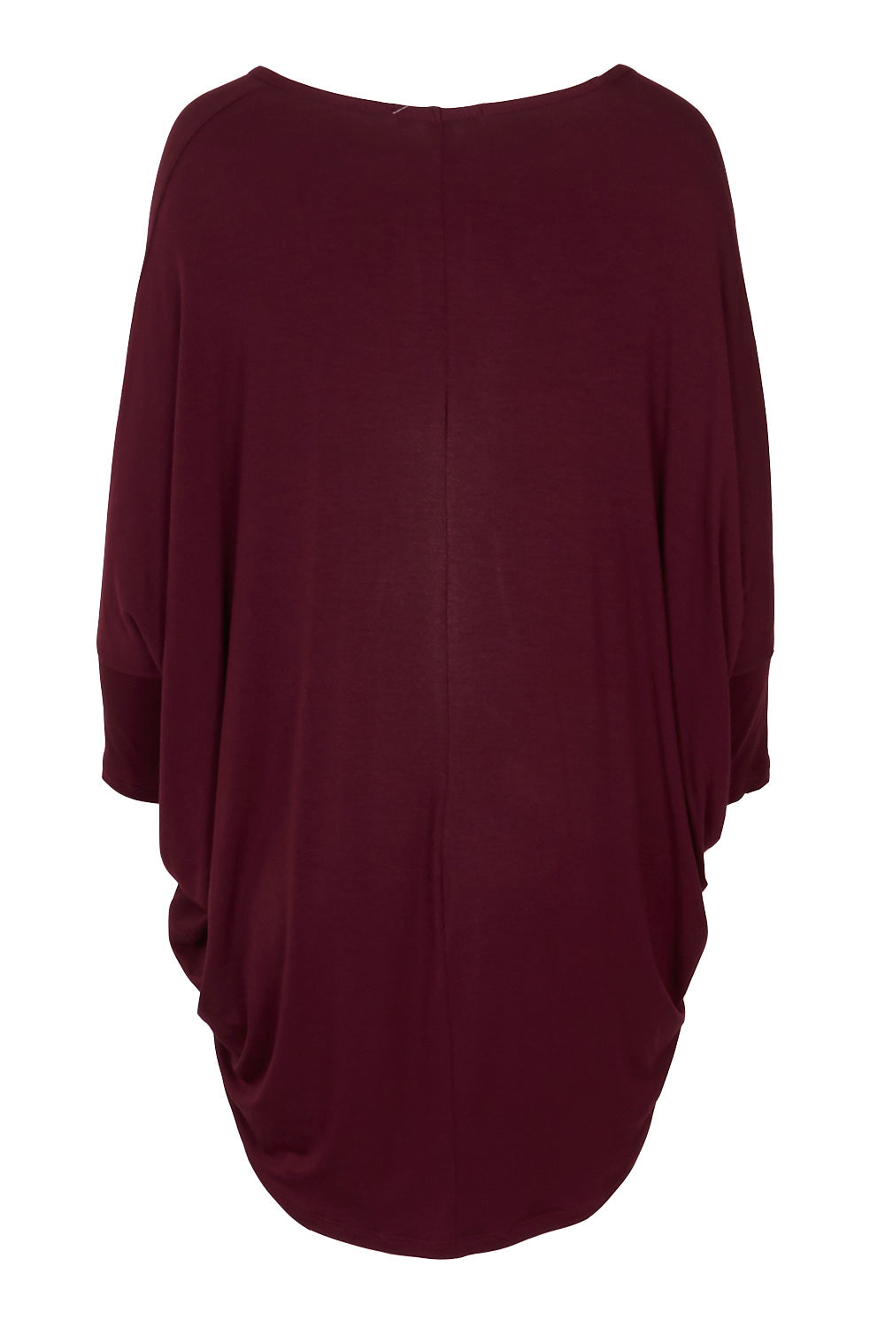 Product shot of The V Neck Side Drape Tee in colour Wine (Purple), from the back