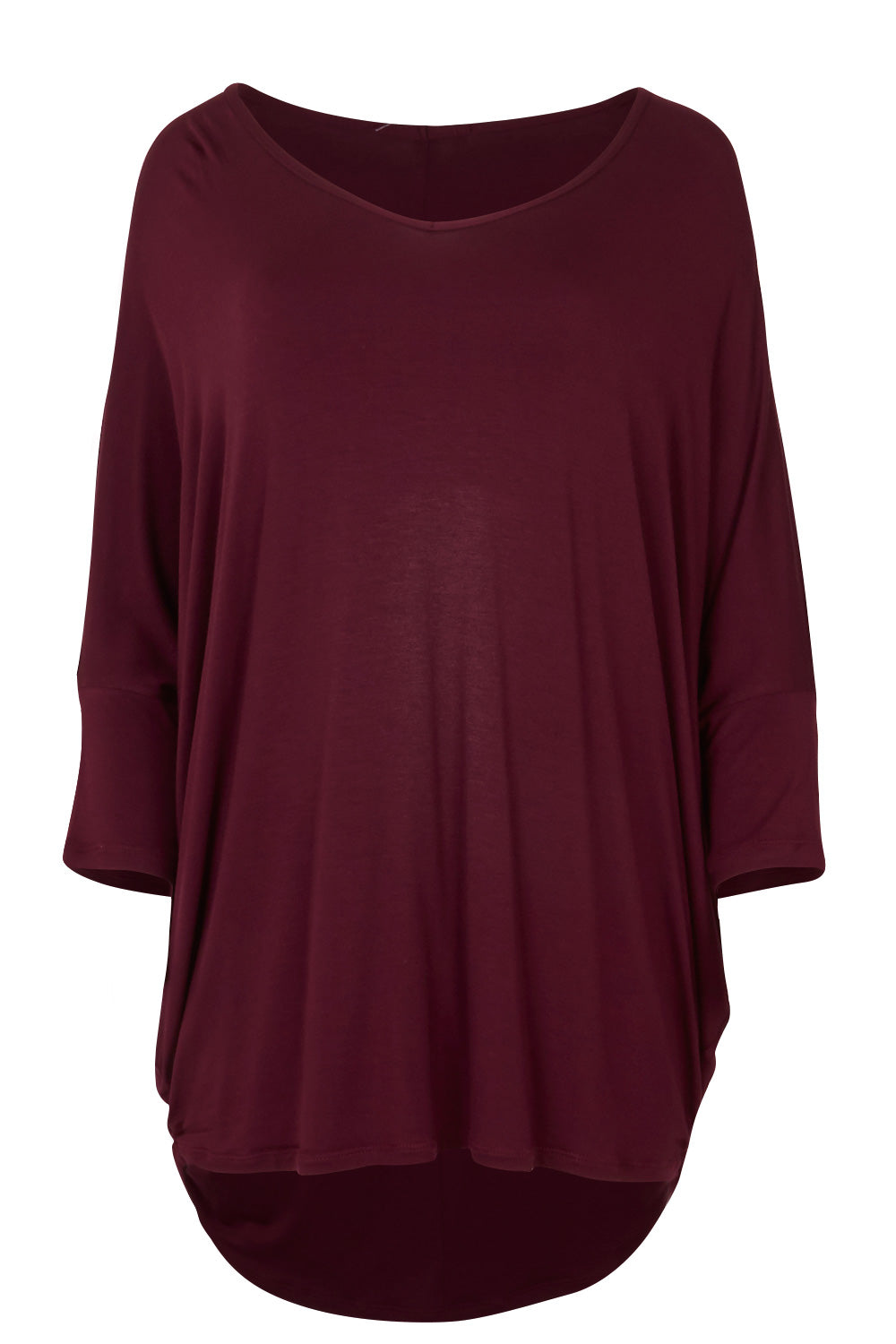 Product shot of The V Neck Side Drape Tee in colour Wine (Purple), from the front