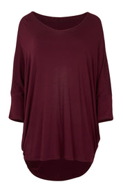 Product shot of The V Neck Side Drape Tee in colour Wine (Purple), from the front