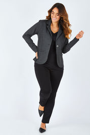 Model Laura wearing size 14 of The Ponte Blazer in colour GreyMarle (Grey), from the front, showing the whole outfit