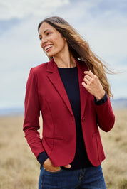Model Amanda wearing size 10 of The Ponte Blazer in colour Wildberry (Red), from the front, showing the whole outfit