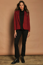 Model Madeline wearing size 10 of The Ponte Blazer in colour Wildberry (Red), from the front, showing the whole outfit