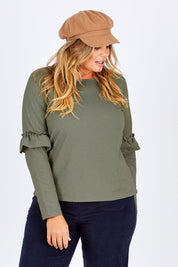 Model Fiona wearing size 16 of The Ruffle Sleeve Sweat in colour KhakiMarle (Green), from the front, cropped image