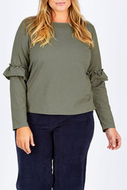Model Fiona wearing size 16 of The Ruffle Sleeve Sweat in colour KhakiMarle (Green), from the front, cropped image