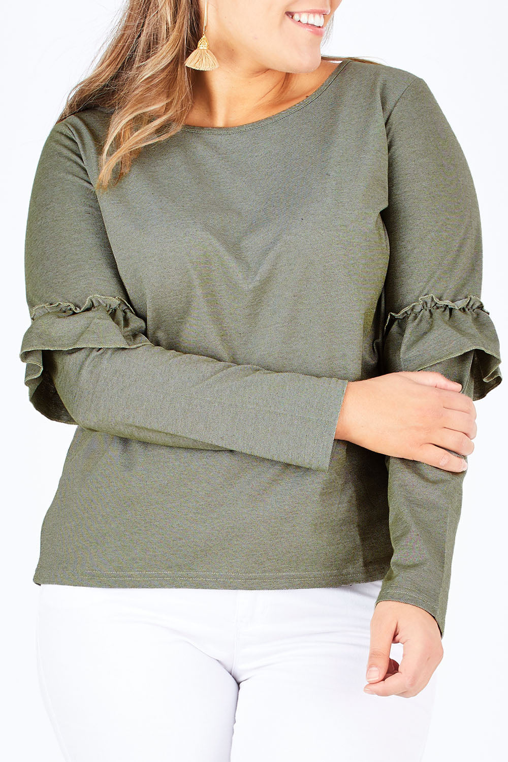 Model Natalia wearing size 14 of The Ruffle Sleeve Sweat in colour KhakiMarle (Green), from the front, cropped image