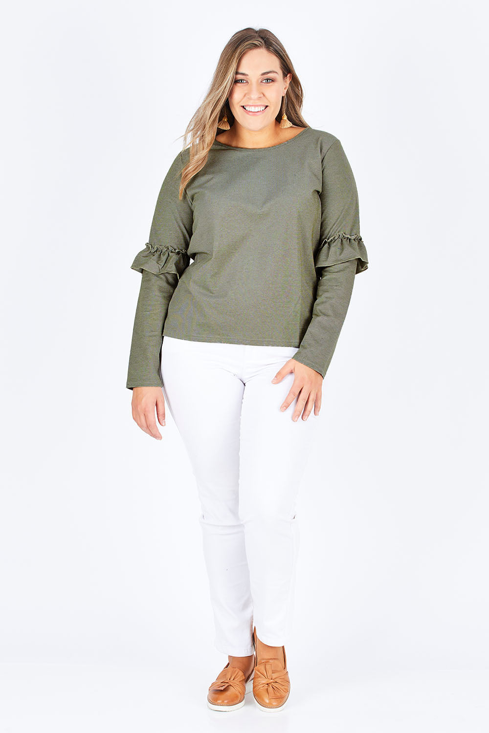 Model Natalia wearing size 14 of The Ruffle Sleeve Sweat in colour KhakiMarle (Green), from the front, showing the whole outfit