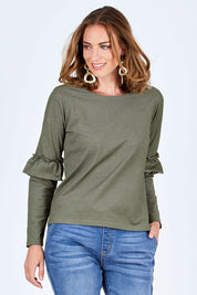 Model Riina wearing size 10 of The Ruffle Sleeve Sweat in colour KhakiMarle (Green), from the front, cropped image