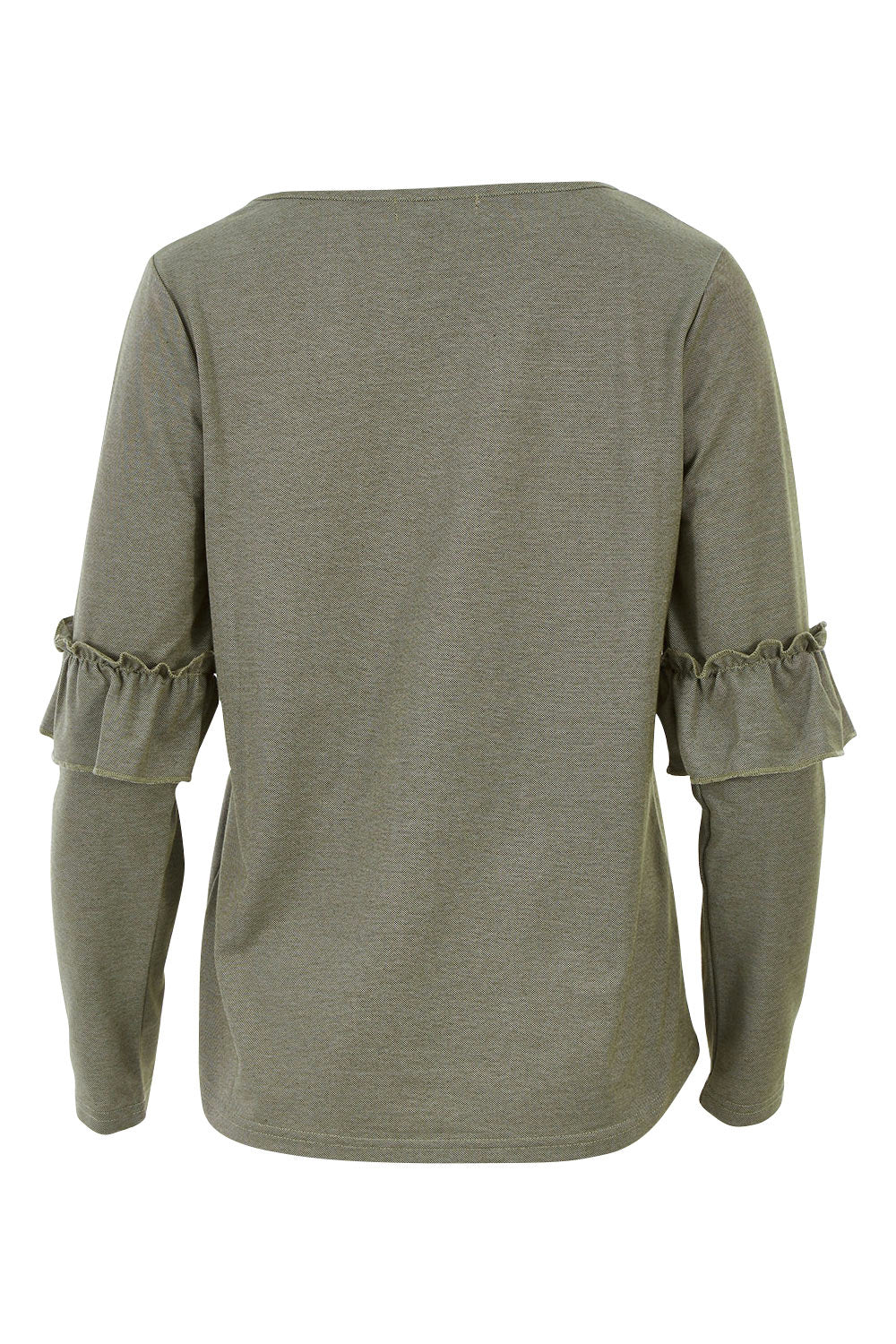 Product shot of The Ruffle Sleeve Sweat in colour KhakiMarle (Green), from the back