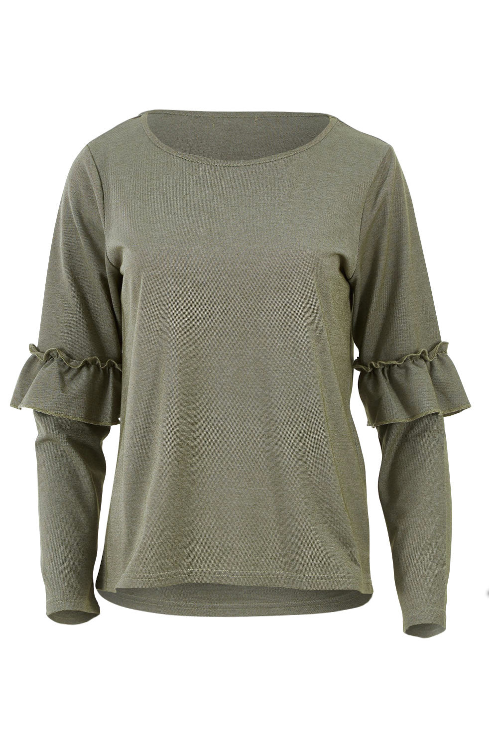 Product shot of The Ruffle Sleeve Sweat in colour KhakiMarle (Green), from the front