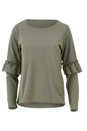 Product shot of The Ruffle Sleeve Sweat in colour KhakiMarle (Green), from the front