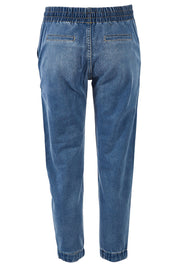 Product shot of The Pull On Jogger Jean in colour Denim (Blue), from the back