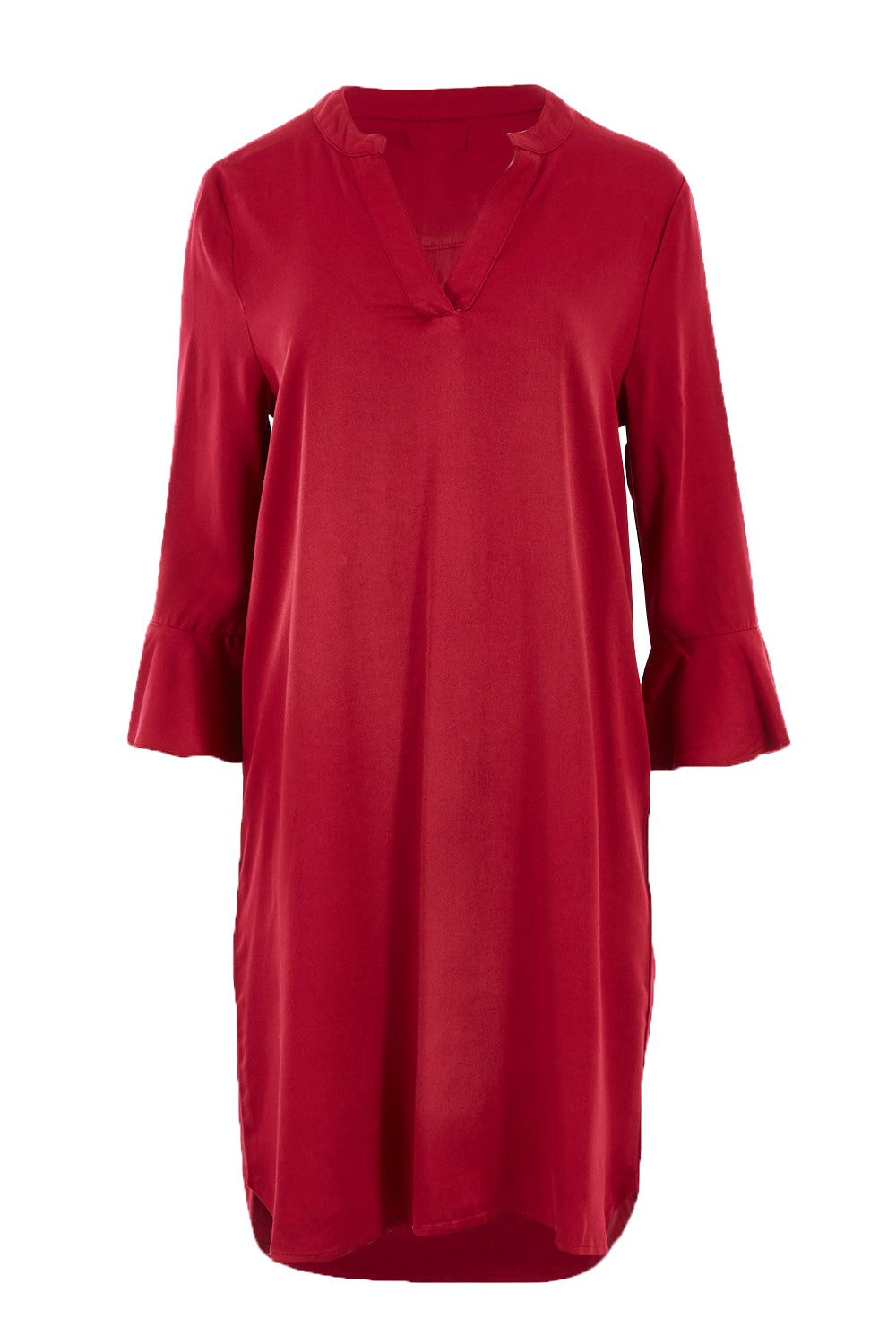 Product shot of The Flute Sleeve Dress in colour Cherry (Red), from the front
