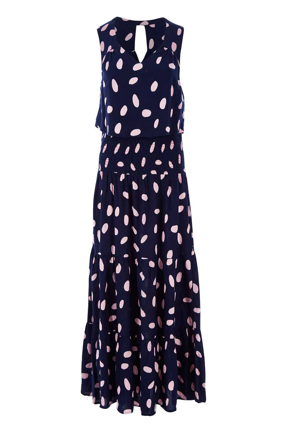 Product shot of The Overlay Maxi Dress in colour Spotprint (Blue), from the front