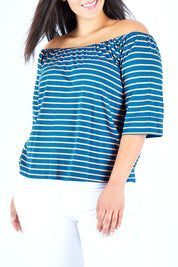 Model Lauren wearing size 18 of The Cotton Bamboo Free Shoulder Top in colour Bluegold (Blue), from the front, cropped image