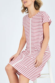 Model Chelsea wearing size 10 of The Cotton Bamboo Weekender Dress in colour Pinkcherry (Pink), from the front, cropped image