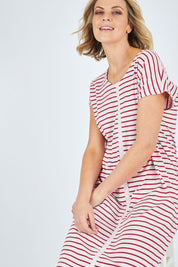 Model Chelsea wearing size 10 of The Cotton Bamboo Weekender Dress in colour Pinkcherry (Pink), from the front, cropped image