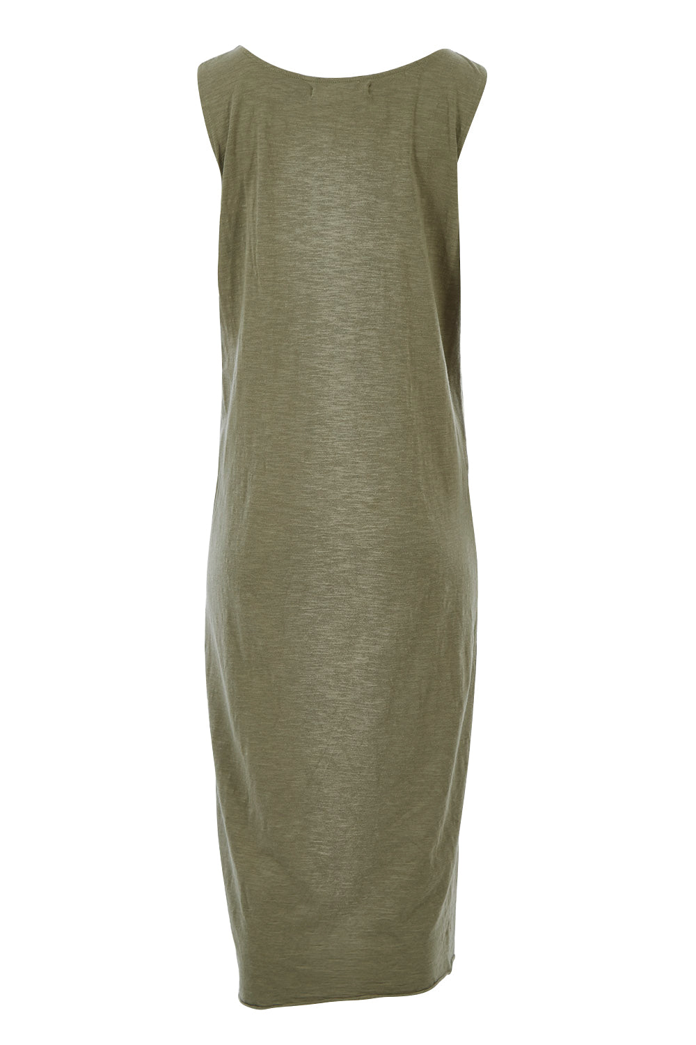 Product shot of The Tie Waist Tank Dress in colour Khaki (Green), from the back