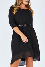 Model Fiona wearing size 16 of The Chiffon Trim Dress in colour Black (Black), from the front, cropped image