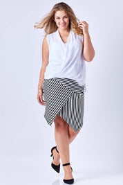 Model Kate wearing size 16 of The Contrast Striped Skirt in colour BlackWhite (Black), from the front, showing the whole outfit