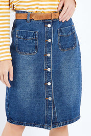 Model Andrea wearing size 10 of The Midi Button Up Skirt in colour Darkdenim (Blue), from the front, cropped image