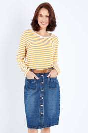 Model Andrea wearing size 10 of The Midi Button Up Skirt in colour Darkdenim (Blue), from the front, cropped image