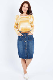 Model Andrea wearing size 10 of The Midi Button Up Skirt in colour Darkdenim (Blue), from the front, showing the whole outfit