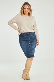 Model Jess wearing size 14 of The Midi Button Up Skirt in colour Darkdenim (Blue), from the front, showing the whole outfit