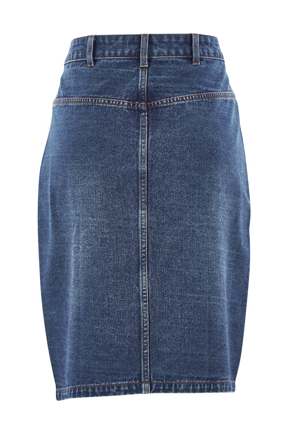 Product shot of The Midi Button Up Skirt in colour Darkdenim (Blue), from the back
