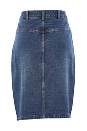Product shot of The Midi Button Up Skirt in colour Darkdenim (Blue), from the back