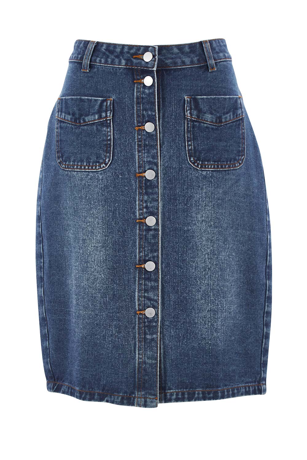 Product shot of The Midi Button Up Skirt in colour Darkdenim (Blue), from the front