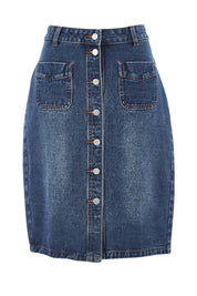 Product shot of The Midi Button Up Skirt in colour Darkdenim (Blue), from the front