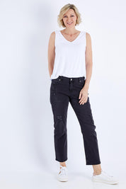 Model Veronica wearing size 10 of The Distressed Boyfriend Jean in colour Black (Black), from the front, showing the whole outfit