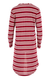 Product shot of The V Neck Hi Low Top in colour Redstripe (Red), from the back