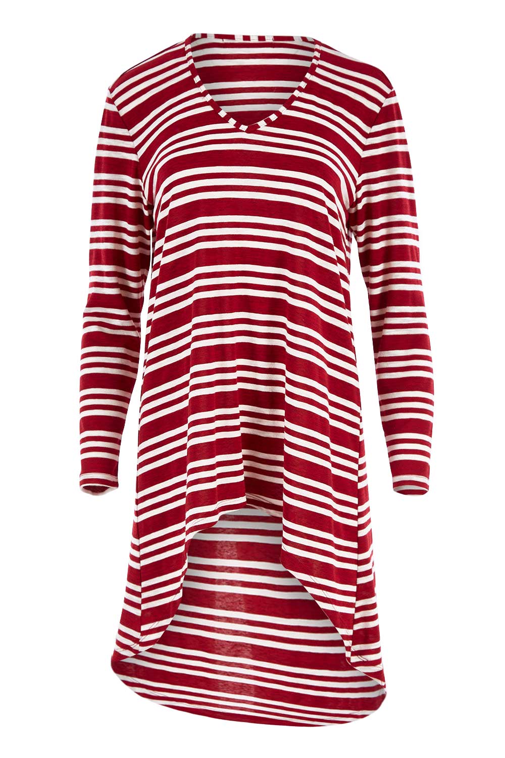 Product shot of The V Neck Hi Low Top in colour Redstripe (Red), from the front