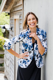 Model Amanda wearing size 10 of The Everyday Printed Blazer in colour Bluefloral (Blue), from the front, showing the whole outfit